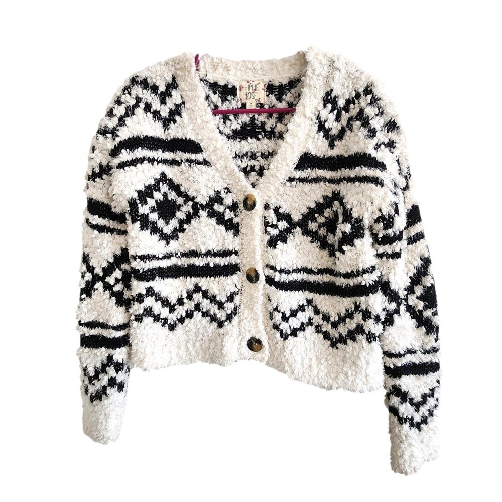 Black and White Hippie Rose Popcorn Knit Cropped Cardigan - Size Small